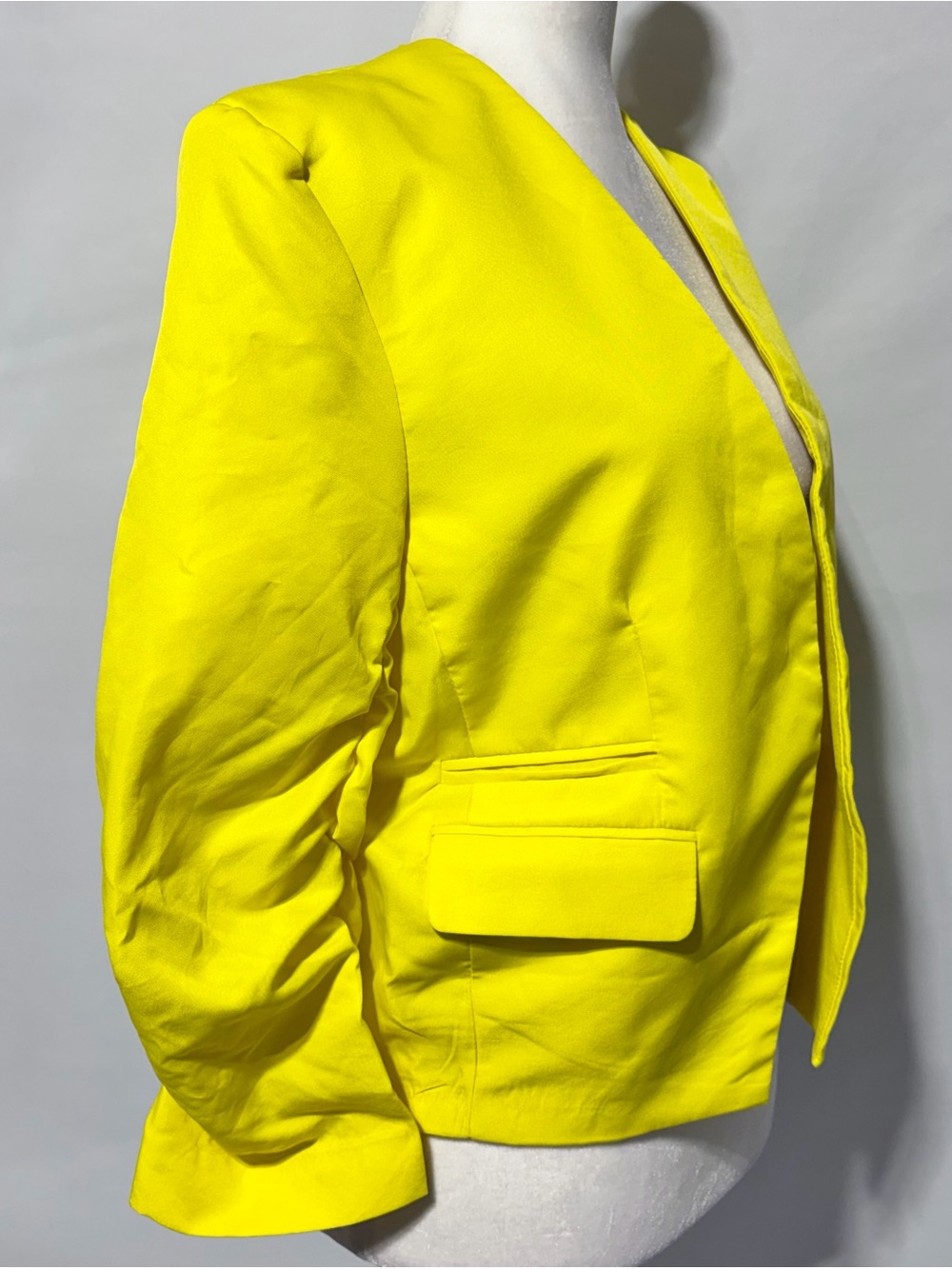New H&M Ruched Sleeves Open Front Blazer Bright Yellow Size 12 - Picture 8 of 14